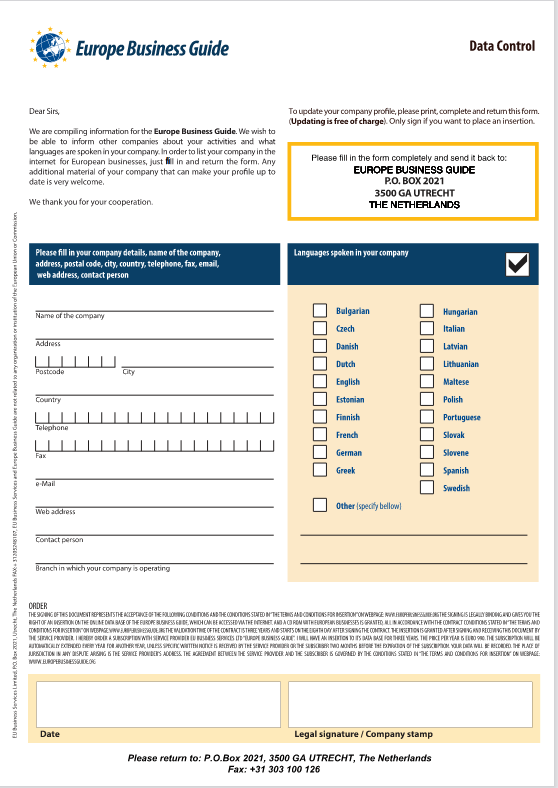 Modulo per l'inserimento sulla business guide