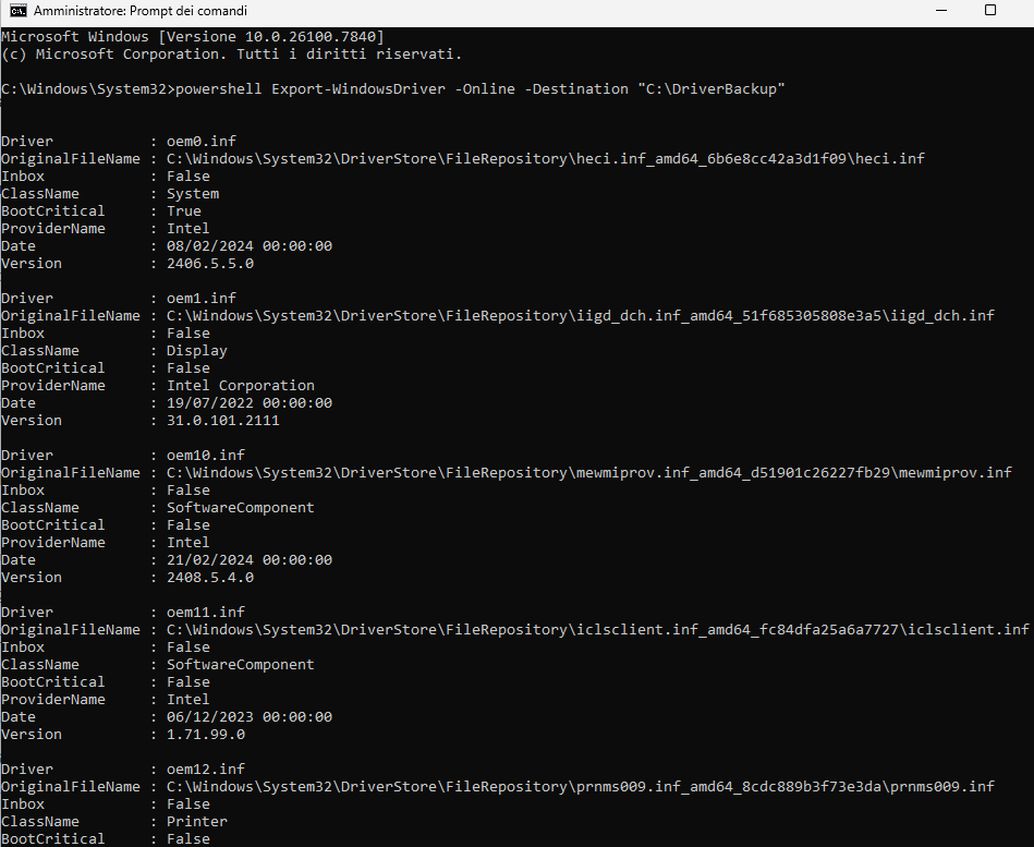 driver estratti da powershell