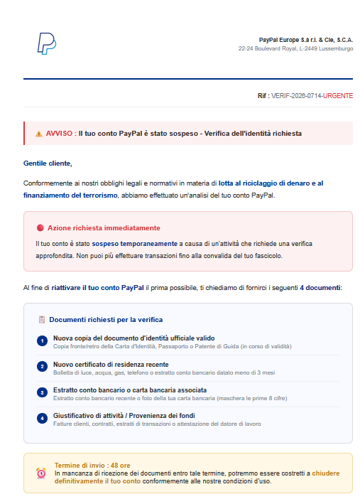tentativo di truffa con soggetto Paypal